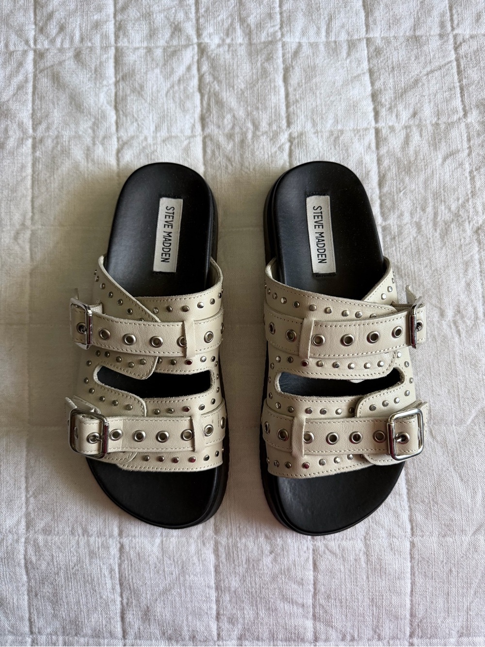 Steve Madden Off White Studded Double-Buckle Slide Sandals